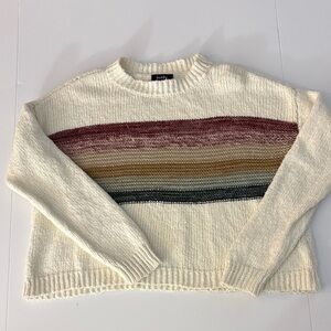 by & by Cream Crewneck Sweater with Burgundy, Mustard & Teal Stripes